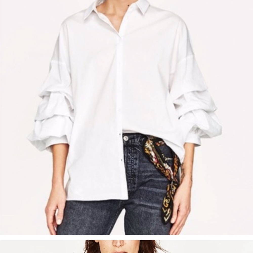 Women’s Zara White Ruffled Sleeve Statement Piece Button up Top